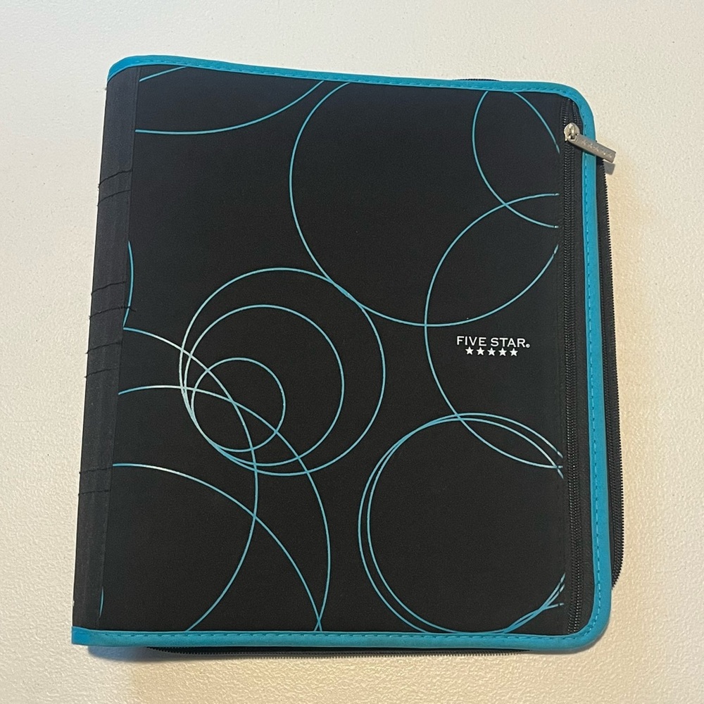 Five Star Black & Teal Zippered 3 Ring Pocketed Pencil Pouch Notebook